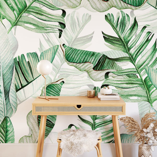 Watercolor Tropical Leaves Wall Mural CCM049 - CostaCover - Peel and stick Removable Wallpaper - accent wallpaper - adhesive wallpaper - banana leaves