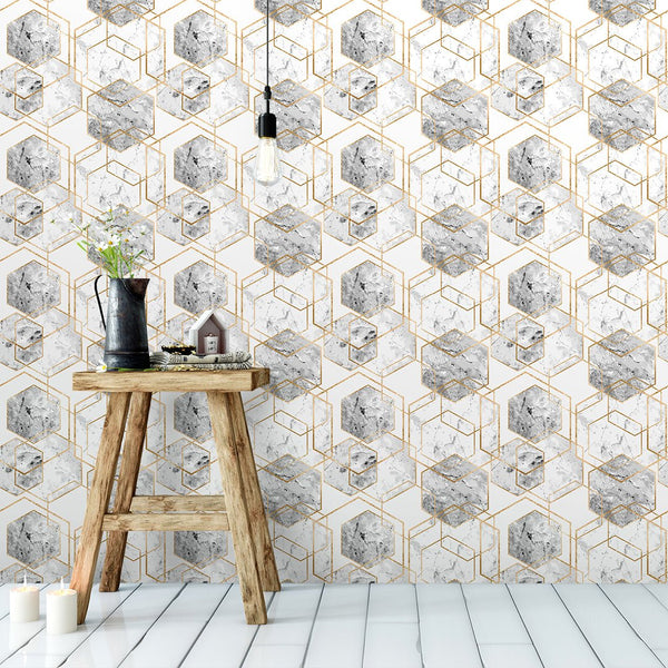 Marble & Gold Honeycomb Wallpaper CC241 - CostaCover - Peel and stick Removable Wallpaper - 