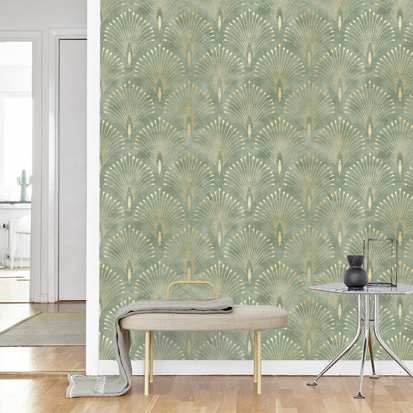 Green Gold Art Deco Wallpaper CC176 - CostaCover - Peel and stick Removable Wallpaper - accent wallpaper - art deco - art deco design