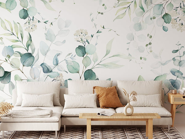 Green Eucalyptus Branches Wall Mural CCM110 - CostaCover - Peel and stick Removable Wallpaper - accent wallpaper - adhesive wallpaper - bathroom wallpaper