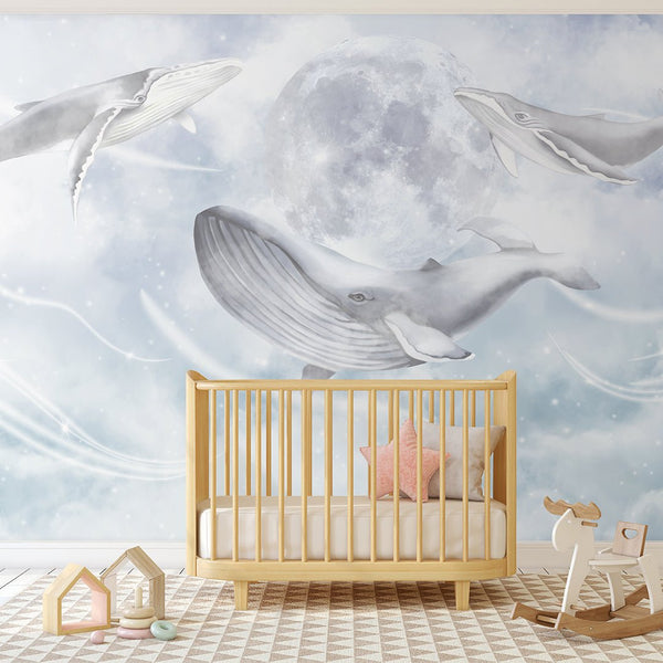 Space Whales & Moon Wall Mural CCM093 - CostaCover - Peel and stick Removable Wallpaper - accent wallpaper - adhesive wallpaper - boywall