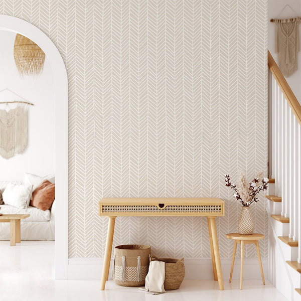 Beige Herringbone Chevron Wallpaper CC031 - CostaCover - Peel and stick Removable Wallpaper - Abstract Beige Gold Stripes Waves Removable Wallpaper near me - accent wallpaper - bedroom interior