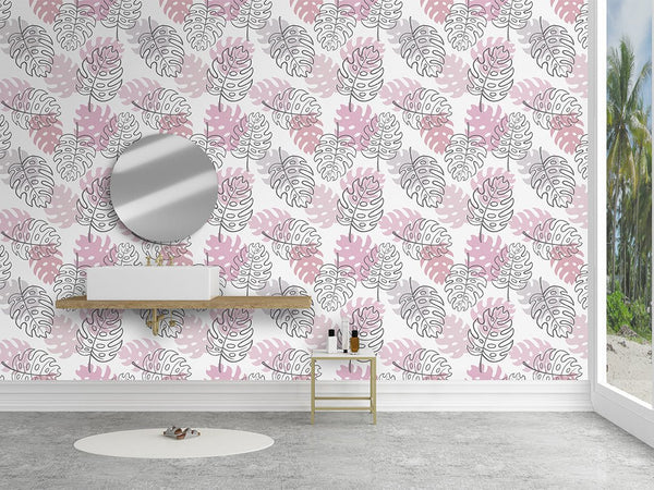 Pink Palm Leaves Wallpaper CC235 - CostaCover - Peel and stick Removable Wallpaper - Abstract - abstract wallpaper - accent wallpaper