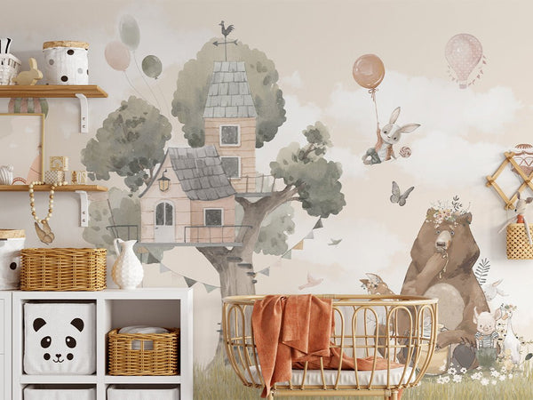 House & Cute Animals Wall Mural CCM090 - CostaCover - Peel and stick Removable Wallpaper - accent wallpaper - adhesive wallpaper - animal print