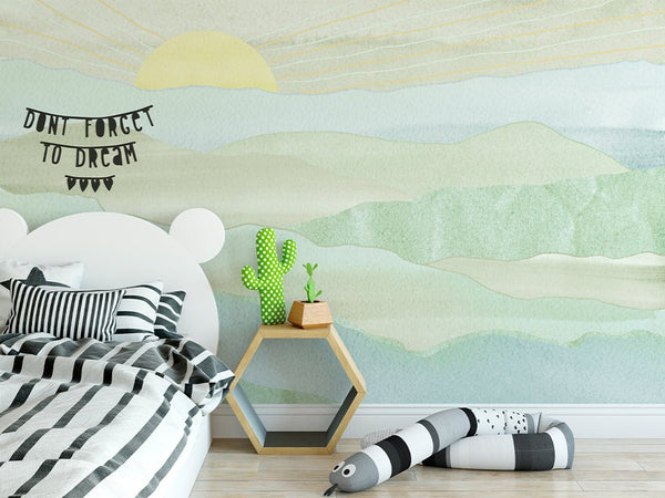 Green Blue Mountains & Sunset Wall Mural CCM116 - CostaCover - Peel and stick Removable Wallpaper - abstract wallpaper - accent wallpaper - adhesive wallpaper