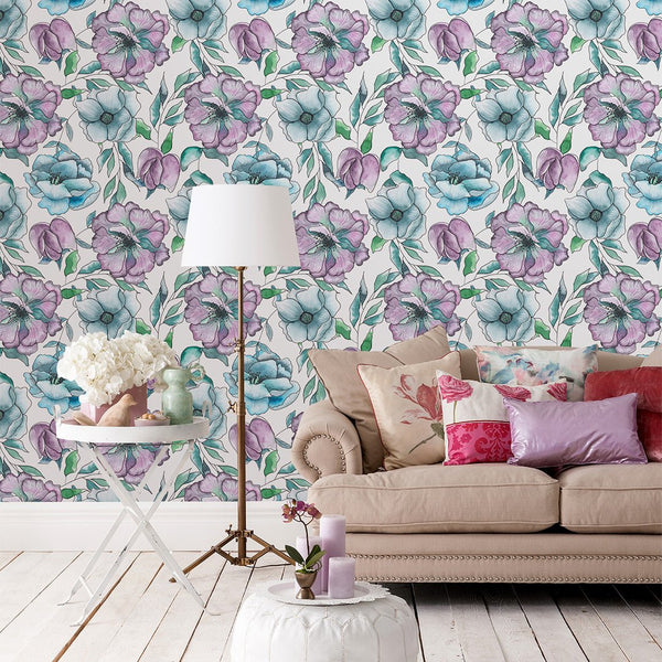 Watercolor Colorful Flowers Wallpaper CC214 - CostaCover - Peel and stick Removable Wallpaper - adhesive wallpaper - bathroom wallpaper - bedroom interior