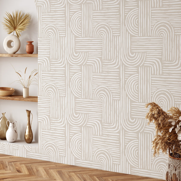 Beige Boho Arches Wallpaper CC274 - CostaCover - Peel and stick Removable Wallpaper - Abstract Beige Gold Stripes Waves Removable Wallpaper - Abstract Beige Gold Stripes Waves Removable Wallpaper near me - Abstract Beige Gold Stripes Waves Removable Wallpaper price