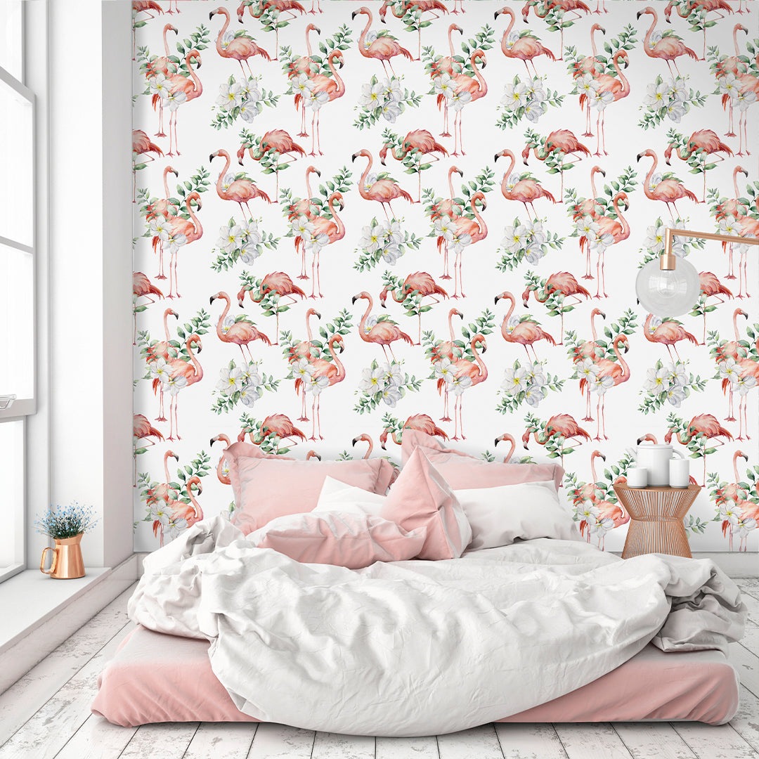 Flamingo Bouquet Self Adhesive Wallpaper Tropical Green Leaves and Flowers Removable Decal CC042