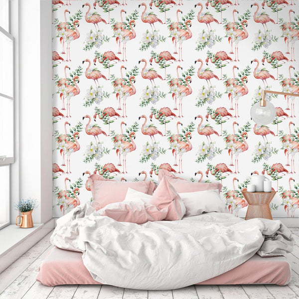 Tropical Flowers & Flamingo Wallpaper CC042 - CostaCover - Peel and stick Removable Wallpaper - accent wallpaper - adhesive wallpaper - bathroom wallpaper