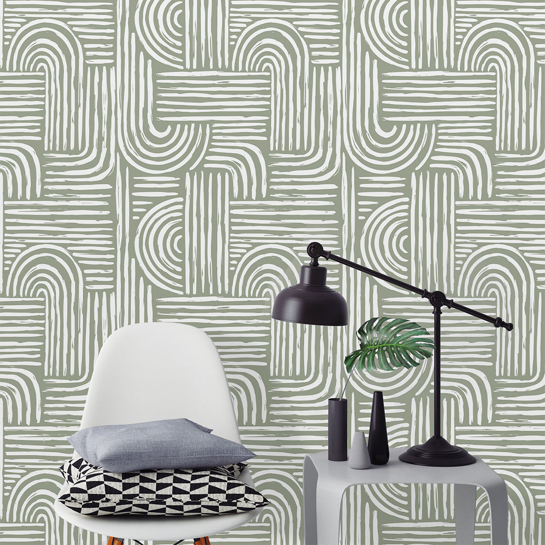 Green Olive Boho Lines Wallpaper CC276