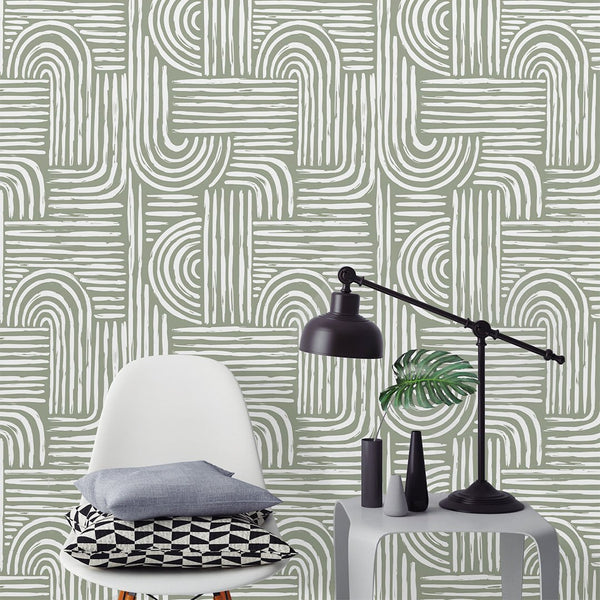 Green Olive Boho Lines Wallpaper CC276 - CostaCover - Peel and stick Removable Wallpaper - Abstract - abstract wallpaper - accent wallpaper