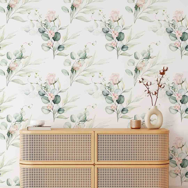 Eucalyptus and Roses Wallpaper CC252 - CostaCover - Peel and stick Removable Wallpaper - 3d wall painting - accent wallpaper - adhesive wallpaper design