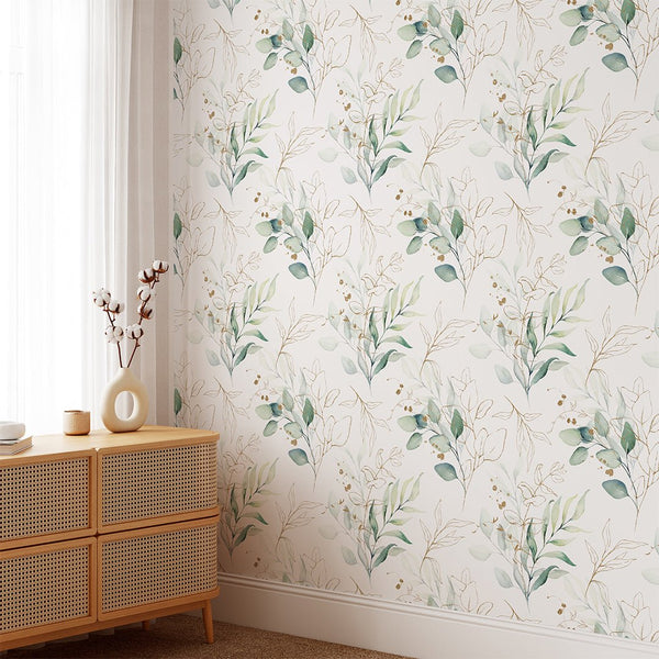 Green Eucalyptus Leaves Wallpaper CC228 - CostaCover - Peel and stick Removable Wallpaper - accent wallpaper - adhesive wallpaper - bathroom wallpaper