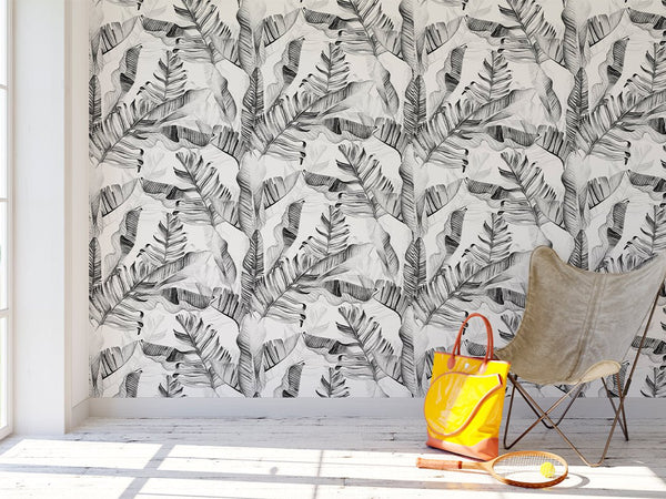 Black & White Palm Leaves Wallpaper CC253 - CostaCover - Peel and stick Removable Wallpaper - accent wallpaper - adhesive wallpaper - banana leaves
