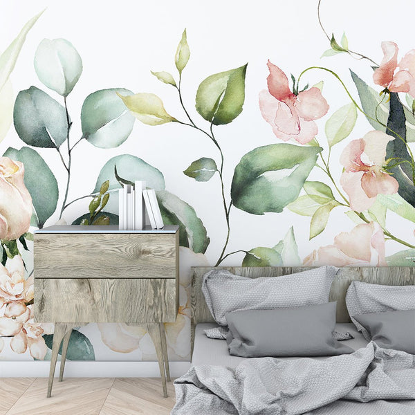 Large Roses and Eucalyptus Wall Mural CCM101 - CostaCover - Peel and stick Removable Wallpaper - 3d wall murals - accent wallpaper - adhesive wallpaper