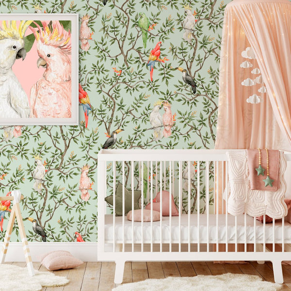 Parrots on Tropical Tree Wallpaper CC035 - CostaCover - Peel and stick Removable Wallpaper - accent wallpaper - adhesive wallpaper - bathroom wallpaper