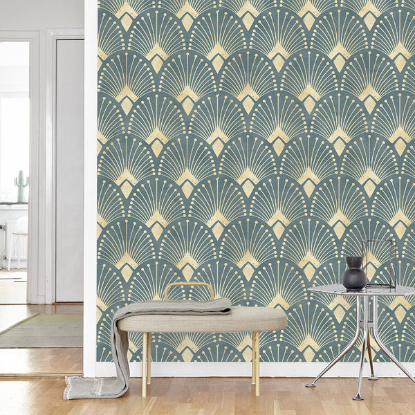 Green Blue Art Deco Wallpaper CC177 - CostaCover - Peel and stick Removable Wallpaper - accent wallpaper - art deco - art deco decor
