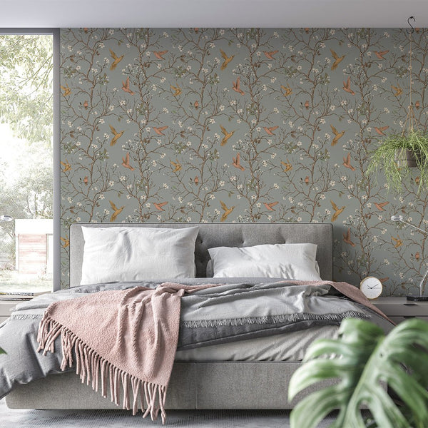 Tree Branch & Hummingbird Wallpaper CC240 - CostaCover - Peel and stick Removable Wallpaper - accent wallpaper - adhesive wallpaper - Animal print wallpaper