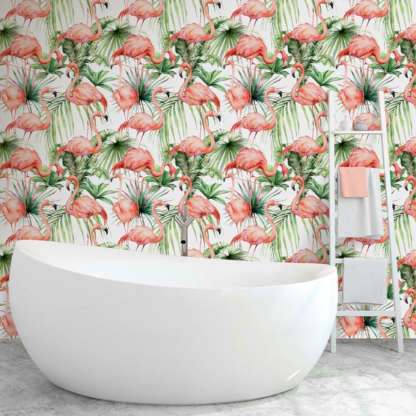 Watercolor Pink Flamingo Wallpaper CC055 - CostaCover - Peel and stick Removable Wallpaper - adhesive wallpaper - bathroom wallpaper - bedroom wallpaper