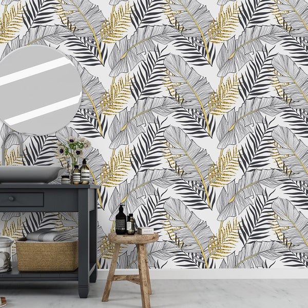 Black Gold Palm Leaves Wallpaper CC234 - CostaCover - Peel and stick Removable Wallpaper - accent wallpaper - adhesive wallpaper - banana leaves