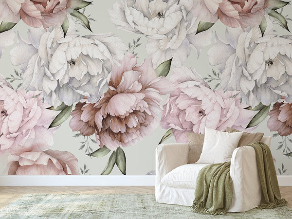 Pink & White Peonies Wall Mural CCM027 - CostaCover - Peel and stick Removable Wallpaper - accent wallpaper - adhesive wallpaper - baby bedroom