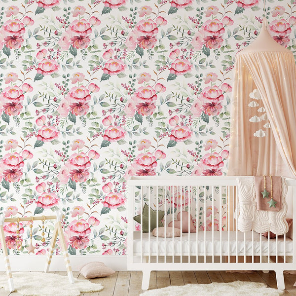 Watercolor Pink Flowers Wallpaper CC239 - CostaCover - Peel and stick Removable Wallpaper - floral - floral wallpaper - Flower decor