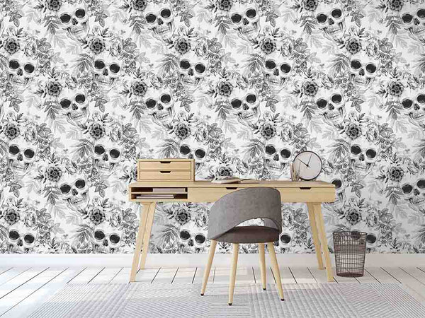Black & White Skulls Flowers Wallpaper CC256 - CostaCover - Peel and stick Removable Wallpaper - abstract wall art - accent wallpaper - adhesive wallpaper