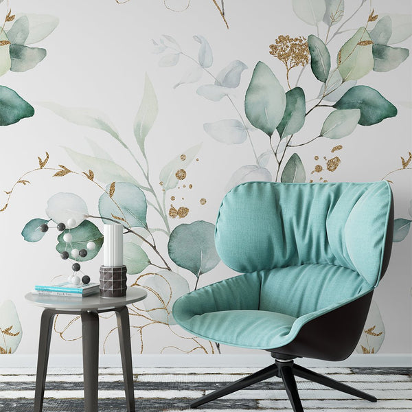 Green Eucalyptus Watercolor Wallpaper CC242 - CostaCover - Peel and stick Removable Wallpaper - 3d wall murals - accent wallpaper - adhesive wallpaper design