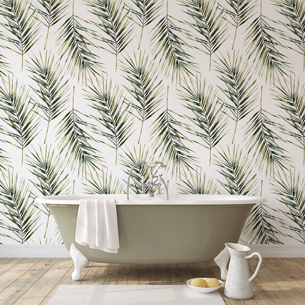 Tropical Palm Leaves Wallpaper CC030 - CostaCover - Peel and stick Removable Wallpaper - bathroom wallpaper - bedroom interior - Exotic palm leaves