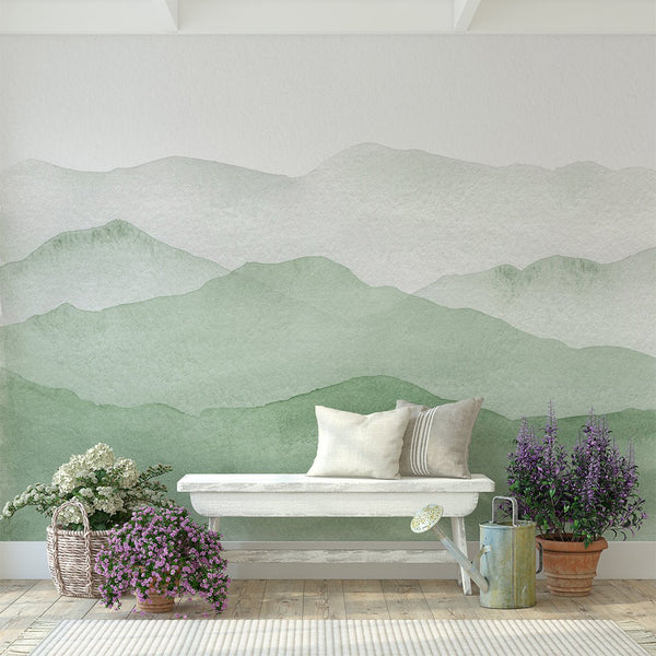 Green Watercolor Mountains Wall Mural CCM064 - CostaCover - Peel and stick Removable Wallpaper - Abstract - abstract wall art - abstract wallpaper