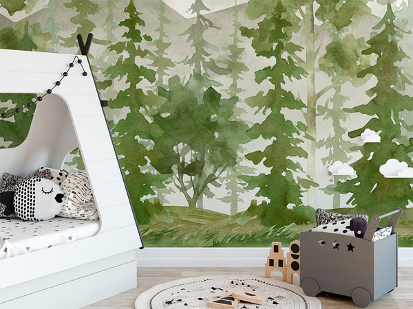 Watercolor Green Forest Wall Mural CCM106 - CostaCover - Peel and stick Removable Wallpaper - accent wallpaper - adhesive wallpaper - bathroom wallpaper