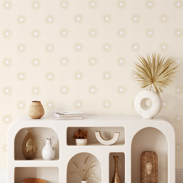 Beige Boho Sun Wallpaper CC273 - CostaCover - Peel and stick Removable Wallpaper - Abstract Beige Gold Stripes Waves Removable Wallpaper - Abstract Beige Gold Stripes Waves Removable Wallpaper near me - Abstract Beige Gold Stripes Waves Removable Wallpaper price