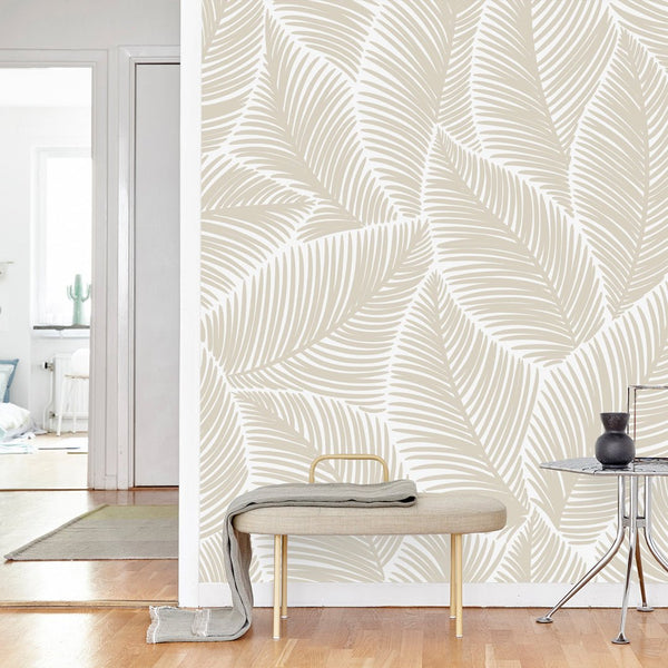 Beige Tropical Leaves Wall Mural CCM118 - CostaCover - Peel and stick Removable Wallpaper - accent wallpaper - adhesive wallpaper - bathroom wallpaper