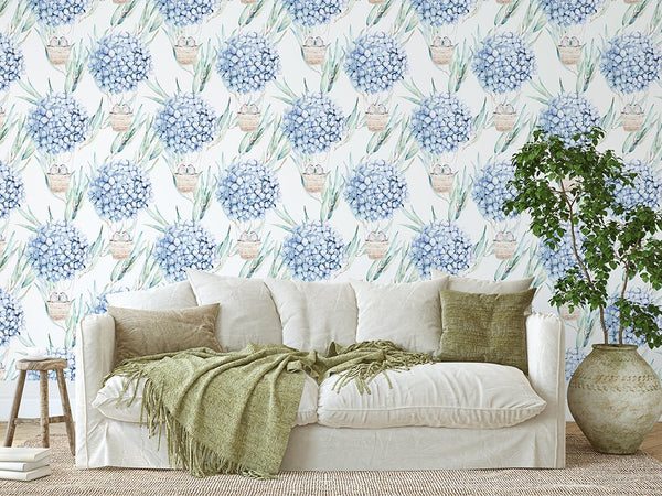Watercolor Blue Hydrangea Wallpaper CC238 - CostaCover - Peel and stick Removable Wallpaper - accent wallpaper - Aqua blue wallpaper - blue and white