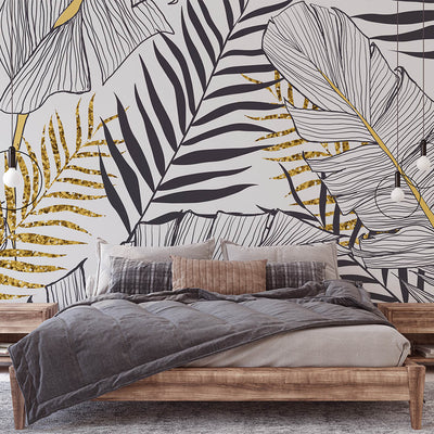 Self Adhesive Black Gold Exotic Palm Leaves Wall Mural CCM013