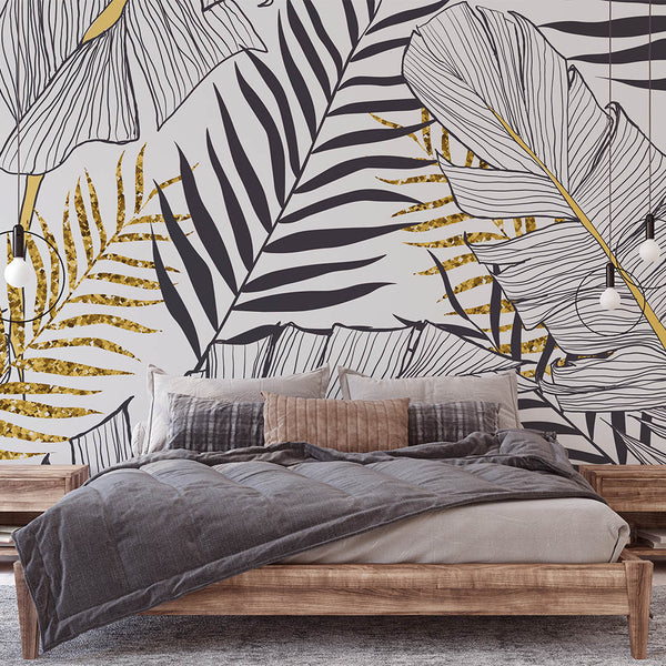 Black & Gold Palm Leaves Wall Mural CCM013 - CostaCover - Peel and stick Removable Wallpaper - abstract wallpaper - accent wallpaper - art deco