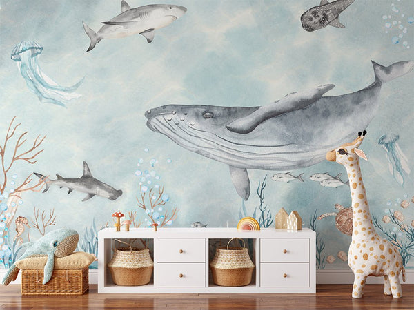 Watercolor Sea World Ocean Fish Wall Mural CCM050 - CostaCover - Peel and stick Removable Wallpaper - 3d wall murals - accent wallpaper - adhesive wallpaper design