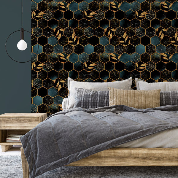 Black Gold Honeycomb Wallpaper CC043 - CostaCover - Peel and stick Removable Wallpaper - abstract wallpaper - accent wallpaper - adhesive wallpaper