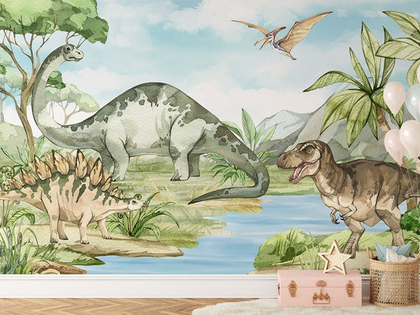 Dinosaurs & River Wall Mural CCM095 - CostaCover - Peel and stick Removable Wallpaper - accent wallpaper - adhesive wallpaper - children wallpaper
