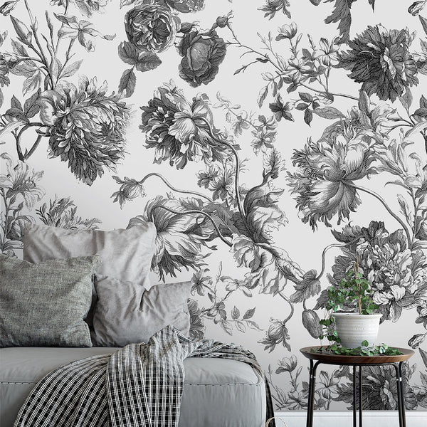 Black & White Flowers Wall Mural CCM052 - CostaCover - Peel and stick Removable Wallpaper - 3d wall murals - abstract wall art - accent wallpaper