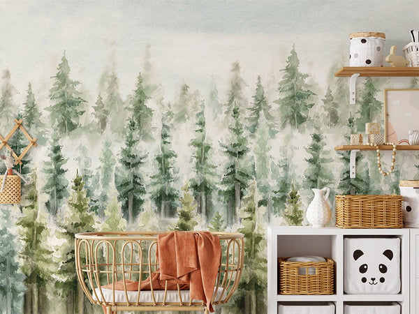Watercolor Woodland Scenic Wall Mural CCM113 - CostaCover - Peel and stick Removable Wallpaper - accent wallpaper - adhesive wallpaper - baby wallpaper