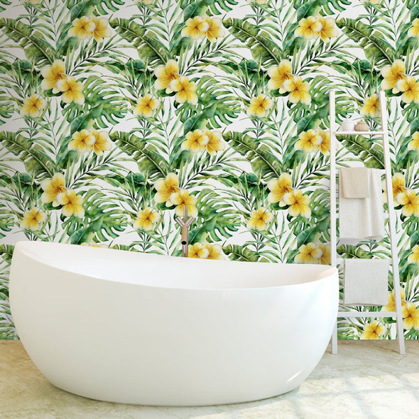 Tropical Yellow Flowers Wallpaper CC037 - CostaCover - Peel and stick Removable Wallpaper - adhesive wallpaper - bathroom wallpaper - colorful wallpaper