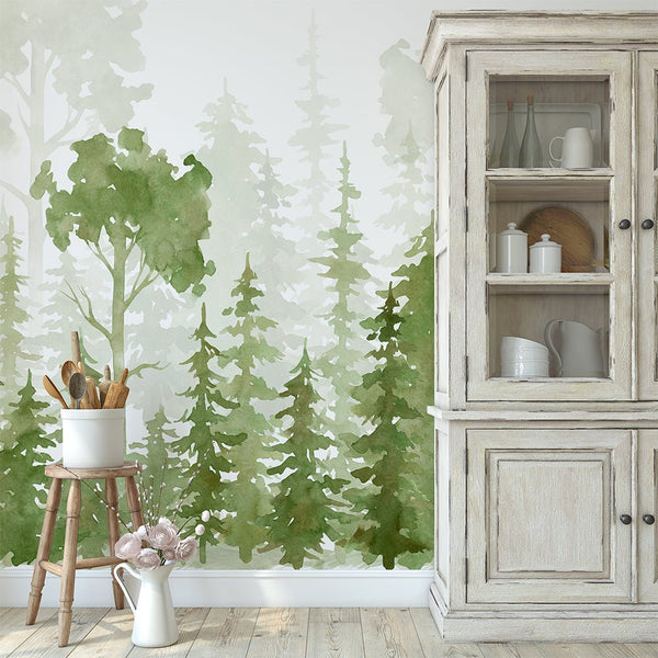 Watercolor Pine Tree Forest Wall Mural CCM079 - CostaCover - Peel and stick Removable Wallpaper - accent wallpaper - Decorative wallpaper - fairy kids print