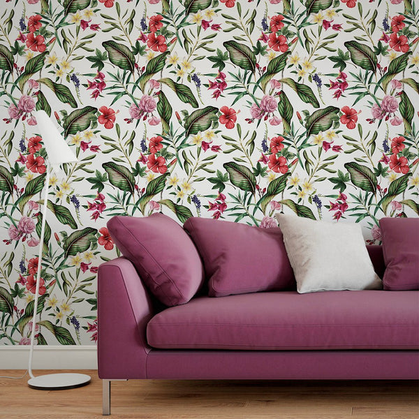 Hibiscus Roses & Greenery Wallpaper CC002 - CostaCover - Peel and stick Removable Wallpaper - bathroom wallpaper - bedroom interior - Exotic palm leaves