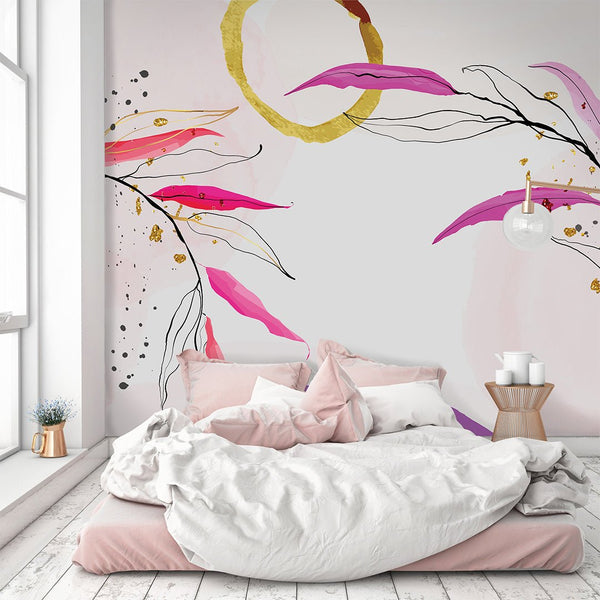 Pink Line Art Branches Wall Mural CCM100 - CostaCover - Peel and stick Removable Wallpaper - abstract lines - abstract wallpaper - accent wallpaper