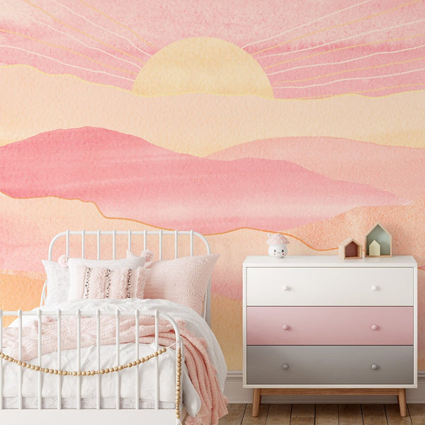 Pink Orange Mountains & Sunset Wall Mural CCM115 - CostaCover - Peel and stick Removable Wallpaper - Abstract - abstract wall art - abstract wallpaper