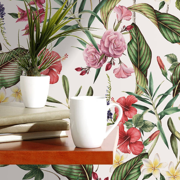 Hibiscus Roses & Greenery Wallpaper CC002 - CostaCover - Peel and stick Removable Wallpaper - bathroom wallpaper - bedroom interior - Exotic palm leaves