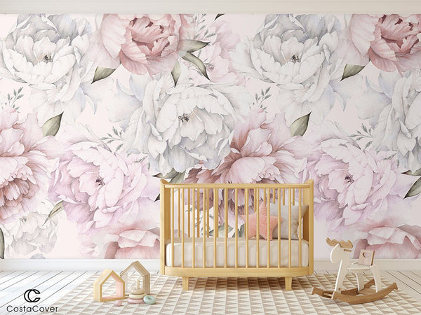 Blush Pink Peony Wall Mural CCM107 - CostaCover - Peel and stick Removable Wallpaper - accent wallpaper - adhesive wallpaper - bathroom wallpaper