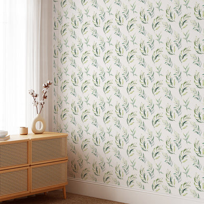 Green Boho Style Botanical Eucalyptus Leaves Wallpaper CC049