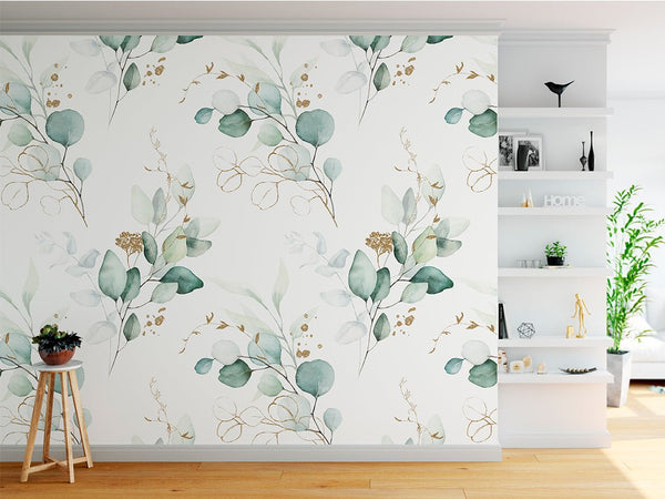 Green Eucalyptus Watercolor Wallpaper CC242 - CostaCover - Peel and stick Removable Wallpaper - 3d wall murals - accent wallpaper - adhesive wallpaper design